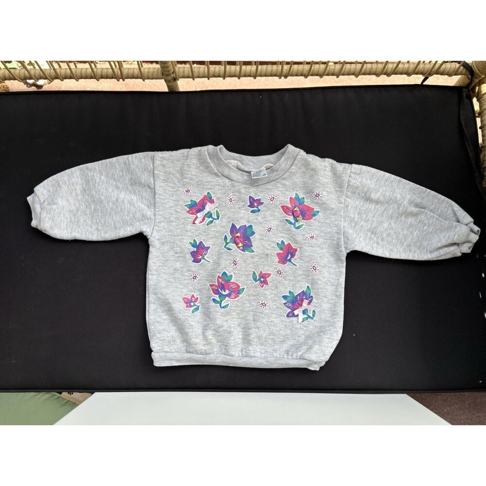 90’s Vintage Girls Gray Sweatshirt Floral 3T USA Ribbon Embellished Y2K Kids